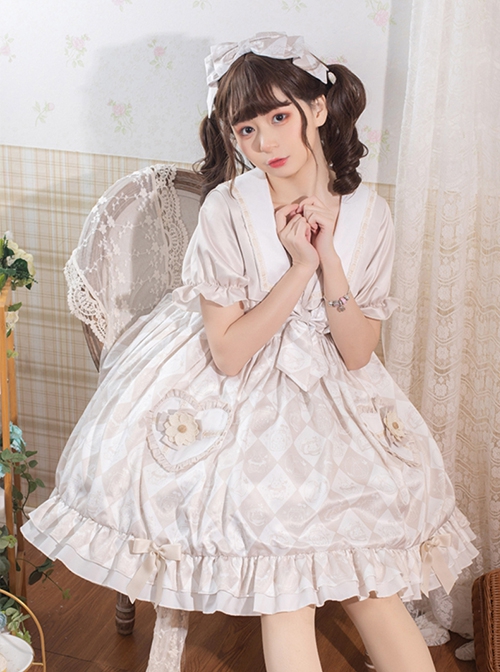 Alice Tutu Series Plaid Print Bow Love Flower Cute Fungus Sleeves Sweet Lolita Short-Sleeved Dress