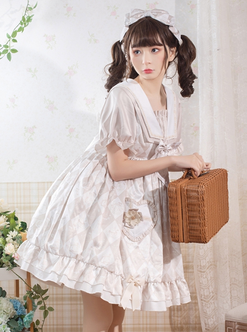 Alice Tutu Series Plaid Print Bow Love Flower Cute Fungus Sleeves Sweet Lolita Short-Sleeved Dress