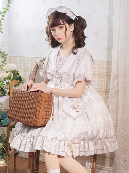 Alice Tutu Series Plaid Print Bow Love Flower Cute Fungus Sleeves Sweet Lolita Short-Sleeved Dress