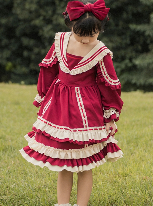 Miss Betty Series Vintage Court Style V-Neck Striped Ruffle Lace Red Ribbon Decorated Classic Lolita Kids Long Sleeve Dress