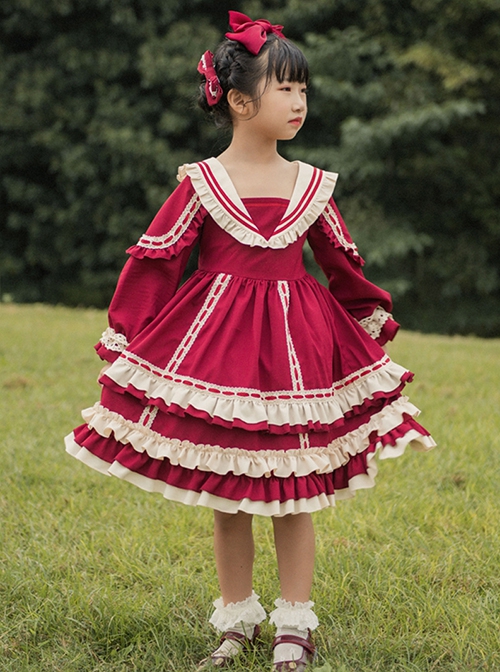 Miss Betty Collection Vintage Court Style V-Neck Striped Ruffle Lace Red Ribbon Decorated Classic Lolita Kids Long Sleeve Dress