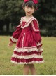 Miss Betty Series Vintage Court Style V-Neck Striped Ruffle Lace Red Ribbon Decorated Classic Lolita Kids Long Sleeve Dress