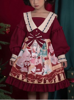 Christmas Little Bear Series Cute Christmas Little Bear Print Ribbon Lantern Sleeves Lace Bow Ruffle Hem Classic Lolita Kids Long Sleeve Dress