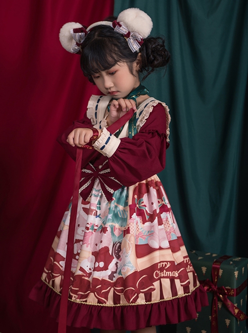 Christmas Little Bear Series Cute Christmas Little Bear Print Ribbon Lantern Sleeves Lace Bow Ruffle Hem Classic Lolita Kids Long Sleeve Dress