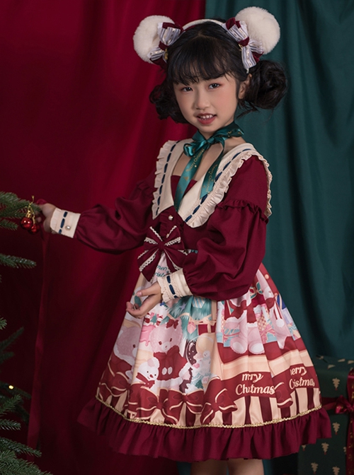 Christmas Little Bear Series Cute Christmas Little Bear Print Ribbon Lantern Sleeves Lace Bow Ruffle Hem Classic Lolita Kids Long Sleeve Dress