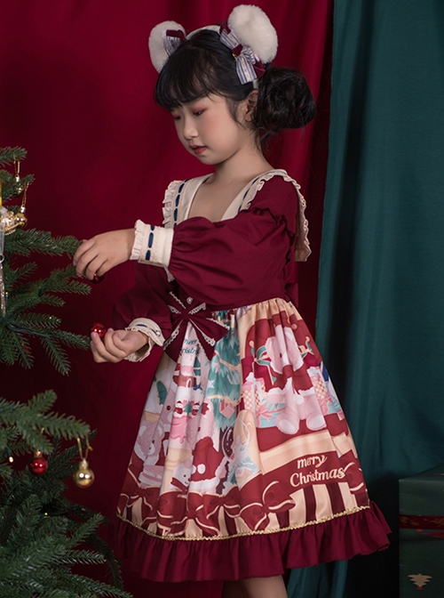 Christmas Little Bear Series Cute Christmas Little Bear Print Ribbon Lantern Sleeves Lace Bow Ruffle Hem Classic Lolita Kids Long Sleeve Dress