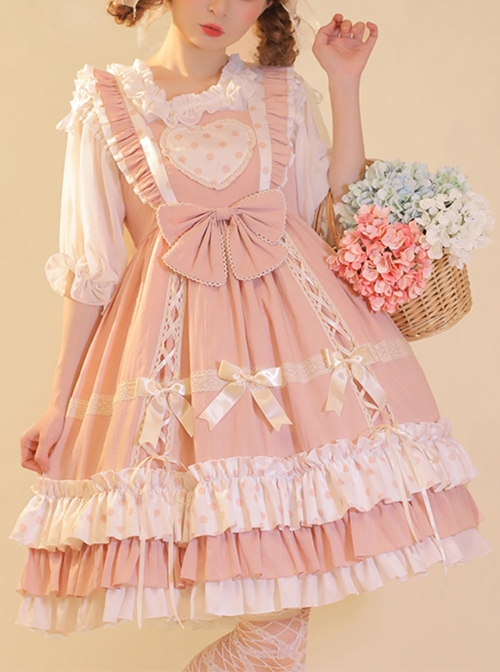 Bo Bo Milk Coffee Series Cute Wave Point Love Lace Bow-Knot Frenulum Ruffled Sweet Lolita Sleeveless Dress