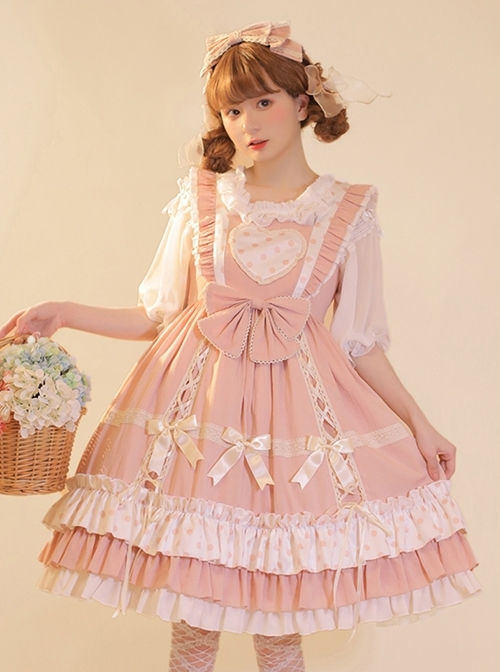 Bo Bo Milk Coffee Series Cute Wave Point Love Lace Bow-Knot Frenulum Ruffled Sweet Lolita Sleeveless Dress