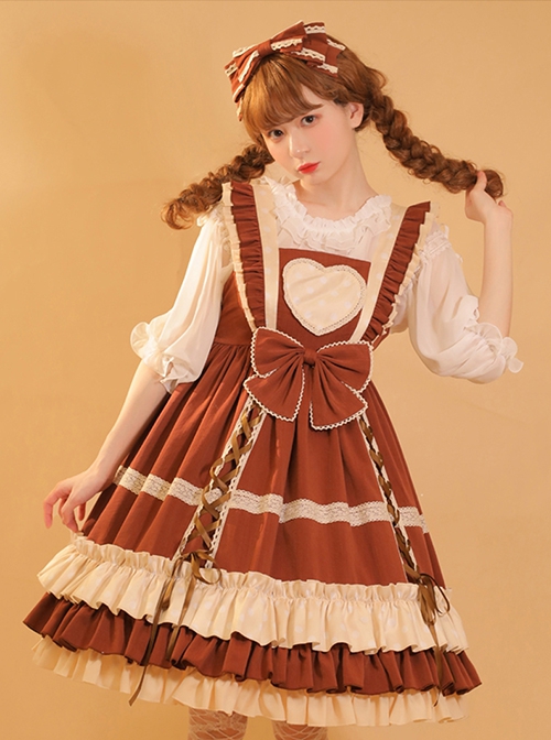 Bo Bo Milk Coffee Series Cute Wave Point Love Lace Bow-Knot Frenulum Ruffled Sweet Lolita Sleeveless Dress