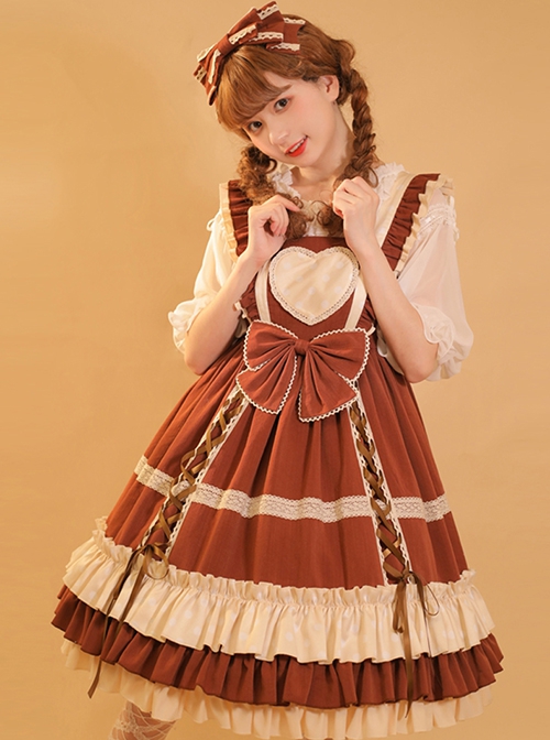 Bo Bo Milk Coffee Series Cute Wave Point Love Lace Bow-Knot Frenulum Ruffled Sweet Lolita Sleeveless Dress