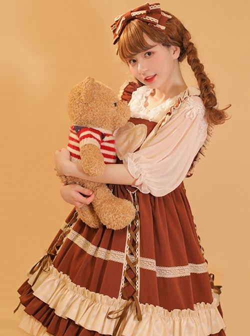 Bo Bo Milk Coffee Series Cute Wave Point Love Lace Bow-Knot Frenulum Ruffled Sweet Lolita Sleeveless Dress