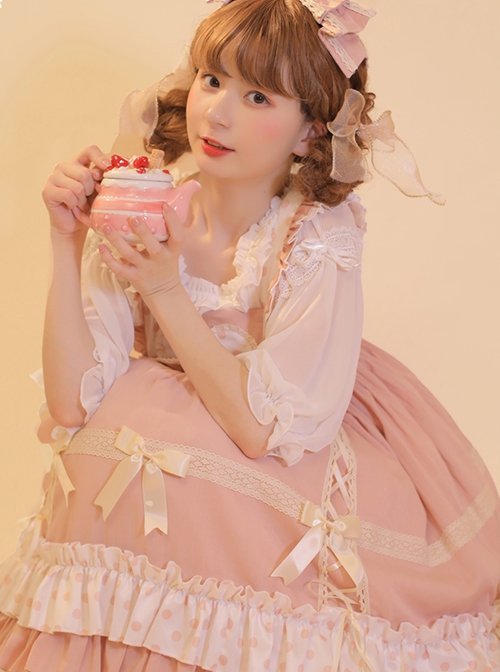 Bo Bo Milk Coffee Series Cute Wave Point Love Lace Bow-Knot Frenulum Ruffled Sweet Lolita Sleeveless Dress