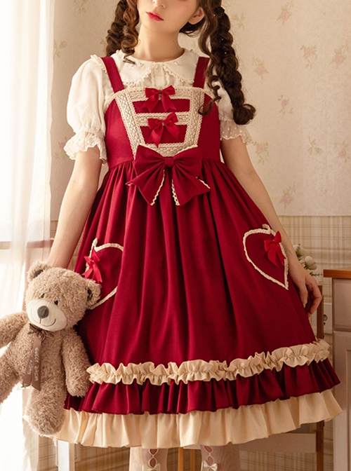 Hawthorn Milk Cover Series Red Cute Daily Lace Bow-Knot Love Heart Decoration Ruffle Hem Classic Lolita Sleeveless Dress