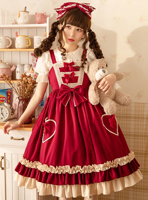 Hawthorn Milk Cover Series Red Cute Daily Lace Bow-Knot Love Heart Decoration Ruffle Hem Classic Lolita Sleeveless Dress