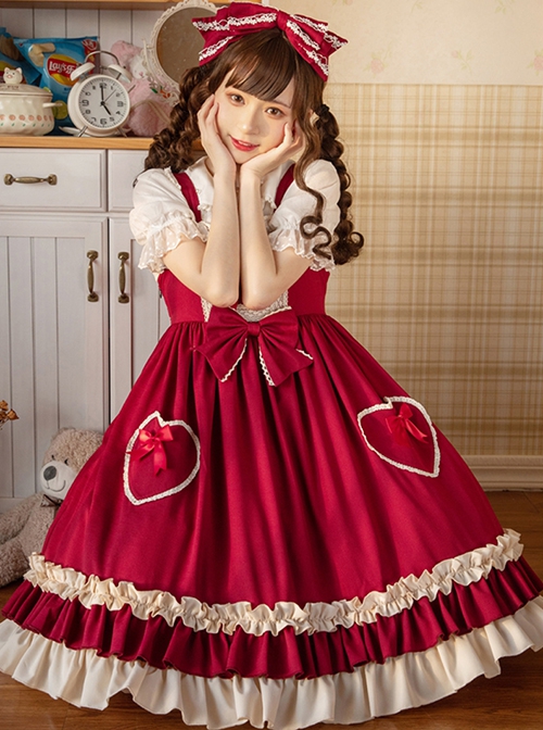 Hawthorn Milk Cover Series Red Cute Daily Lace Bow-Knot Love Heart Decoration Ruffle Hem Classic Lolita Sleeveless Dress