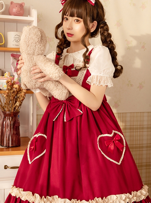 Hawthorn Milk Cover Series Red Cute Daily Lace Bow-Knot Love Heart Decoration Ruffle Hem Classic Lolita Sleeveless Dress