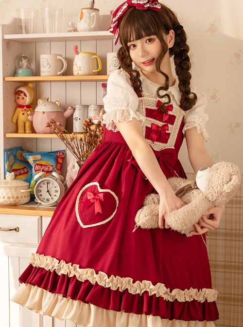 Hawthorn Milk Cover Series Red Cute Daily Lace Bow-Knot Love Heart Decoration Ruffle Hem Classic Lolita Sleeveless Dress