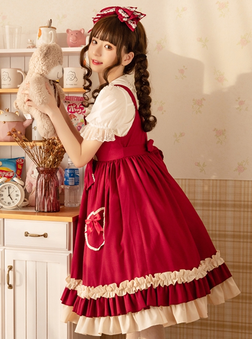 Hawthorn Milk Cover Collection Red Cute Everyday Lace Bow-Knot Love Heart Decoration Ruffle Hem Classic Lolita Sleeveless Dress