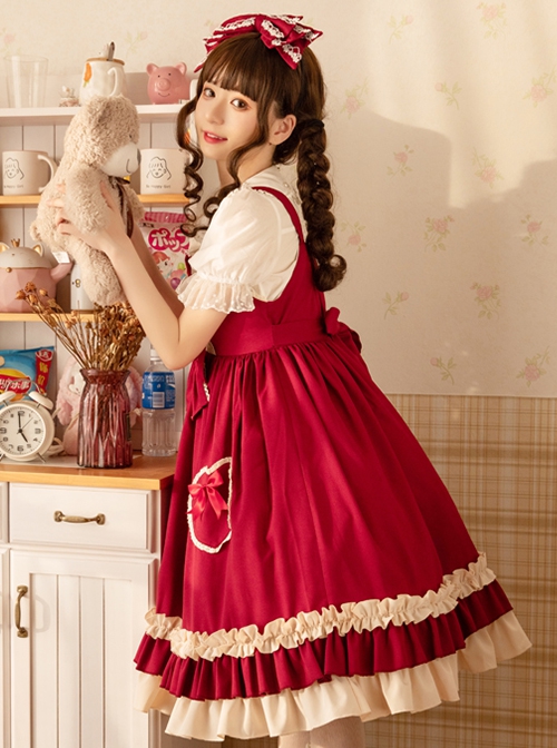 Hawthorn Milk Cover Series Red Cute Daily Lace Bow-Knot Love Heart Decoration Ruffle Hem Classic Lolita Sleeveless Dress