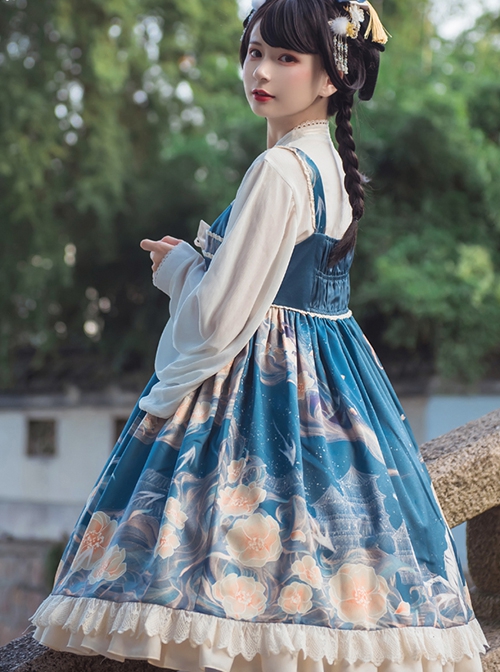 Blue Chinoiserie White Tiger Print Bow-Knot Ribbon Tassel Accessories High Waist Lace Classic Lolita Sleeveless Dress