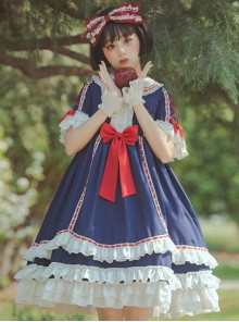 White Snow Hime Series Blue Gorgeous Court Navy Collar Ruffled Red Bow-Knot Frenulum Classic Lolita Short Sleeve Dress