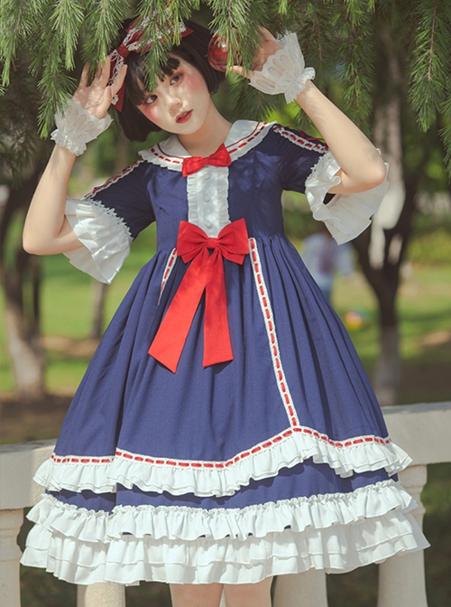 White Snow Hime Series Blue Gorgeous Court Navy Collar Ruffled Red Bow-Knot Frenulum Classic Lolita Short Sleeve Dress