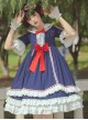 White Snow Hime Series Blue Gorgeous Court Navy Collar Ruffled Red Bow-Knot Frenulum Classic Lolita Short Sleeve Dress