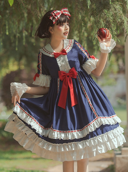 White Snow Hime Series Blue Gorgeous Court Navy Collar Ruffled Red Bow-Knot Frenulum Classic Lolita Short Sleeve Dress