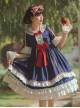 White Snow Hime Series Blue Gorgeous Court Navy Collar Ruffled Red Bow-Knot Frenulum Classic Lolita Short Sleeve Dress