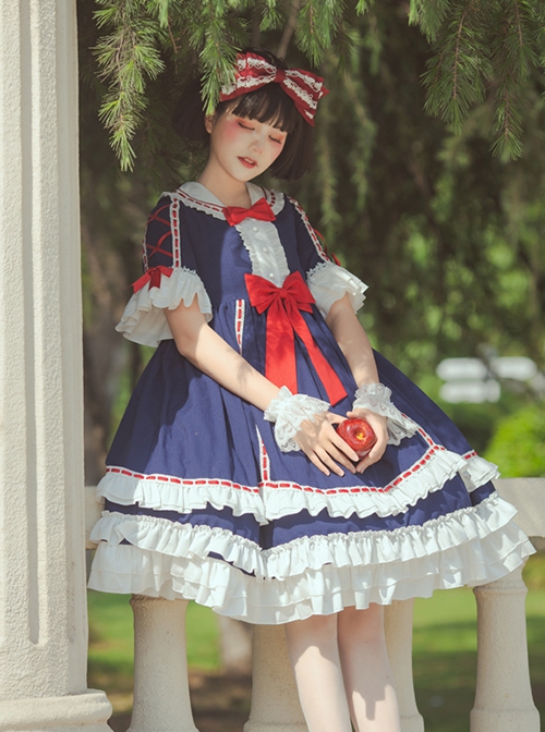 White Snow Hime Series Blue Gorgeous Court Navy Collar Ruffled Red Bow-Knot Frenulum Classic Lolita Short Sleeve Dress