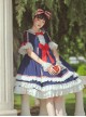 White Snow Hime Series Blue Gorgeous Court Navy Collar Ruffled Red Bow-Knot Frenulum Classic Lolita Short Sleeve Dress