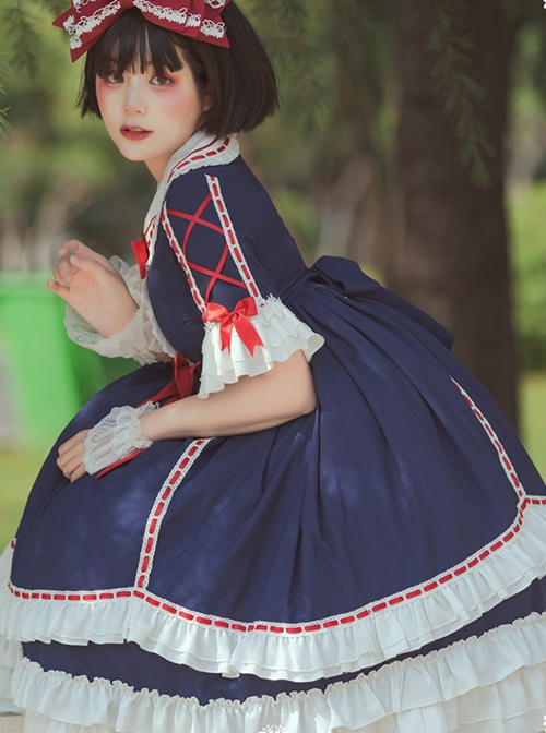 White Snow Hime Series Blue Gorgeous Court Navy Collar Ruffled Red Bow-Knot Frenulum Classic Lolita Short Sleeve Dress