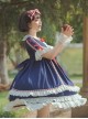 White Snow Hime Series Blue Gorgeous Court Navy Collar Ruffled Red Bow-Knot Frenulum Classic Lolita Short Sleeve Dress