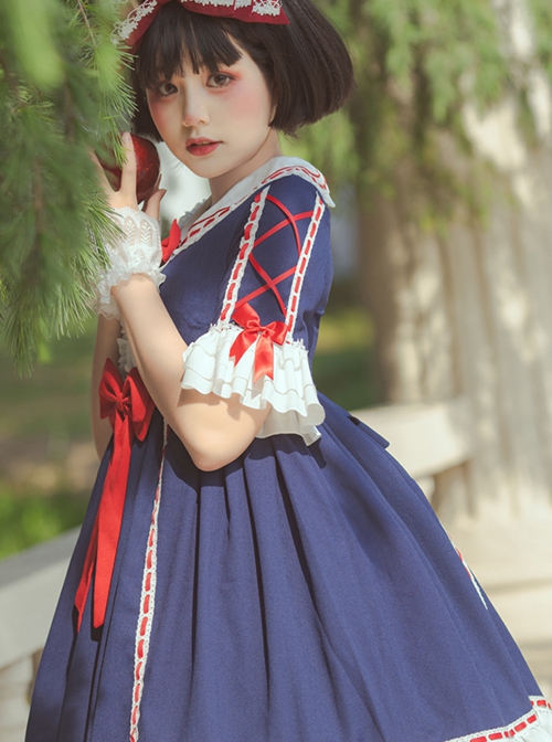 White Snow Hime Series Blue Gorgeous Court Navy Collar Ruffled Red Bow-Knot Frenulum Classic Lolita Short Sleeve Dress