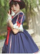 White Snow Hime Series Blue Gorgeous Court Navy Collar Ruffled Red Bow-Knot Frenulum Classic Lolita Short Sleeve Dress