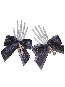 Black Ribbon Bow Gold Letters Print Cross Pearl Decoration Skull Hand Bones Halloween Gothic Lolita Hair Clip