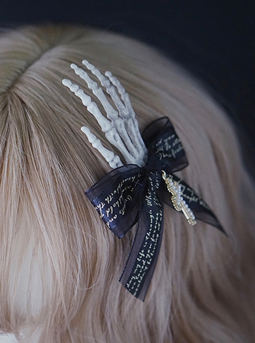 Black Ribbon Bow Gold Letters Print Cross Pearl Decoration Skull Hand Bones Halloween Gothic Lolita Hair Clip