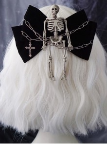Black Skeleton Metal Chain Cross Decoration Big Bow Halloween Gothic Lolita Hair Clip