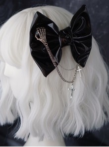 Black Patent Leather Metal Chain Cross Decoration Skull Hand Bone Halloween Gothic Lolita Big Bow Hairpin