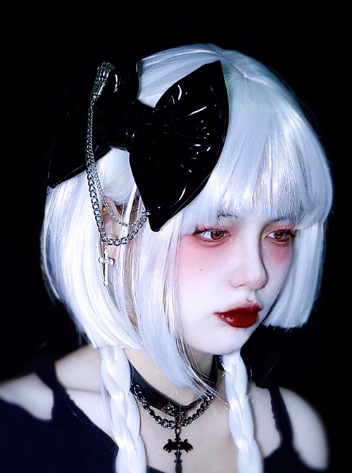 Black Patent Leather Metal Chain Cross Decoration Skull Hand Bone Halloween Gothic Lolita Big Bow Hairpin