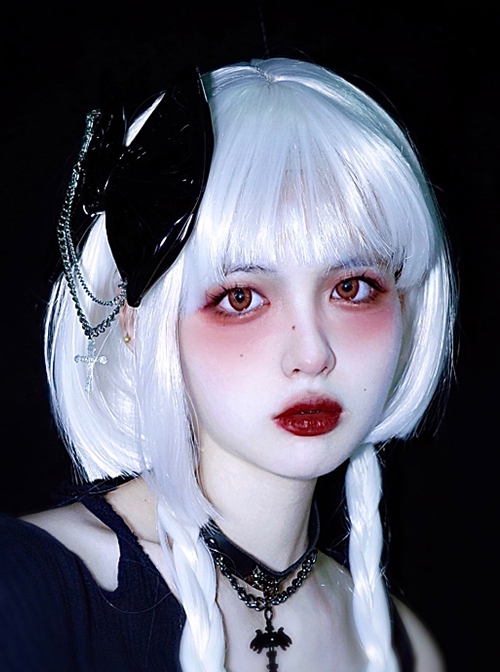Black Patent Leather Metal Chain Cross Decoration Skull Hand Bone Halloween Gothic Lolita Big Bow Hairpin
