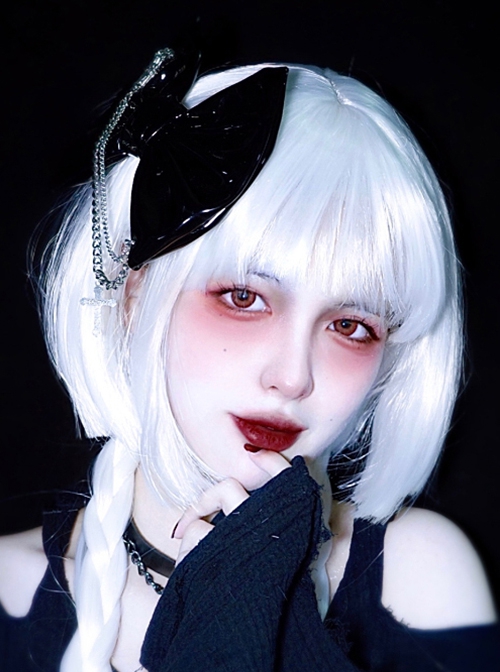 Black Patent Leather Metal Chain Cross Decoration Skull Hand Bone Halloween Gothic Lolita Big Bow Hairpin