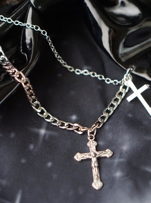 Black Patent Leather Metal Chain Cross Decoration Skull Hand Bone Halloween Gothic Lolita Big Bow Hairpin