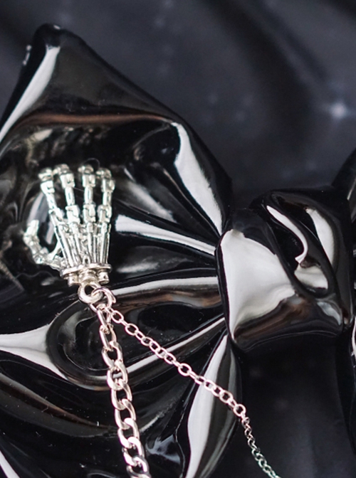 Black Patent Leather Metal Chain Cross Decoration Skull Hand Bone Halloween Gothic Lolita Big Bow Hairpin