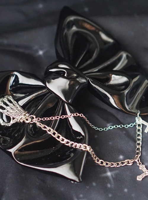 Black Patent Leather Metal Chain Cross Decoration Skull Hand Bone Halloween Gothic Lolita Big Bow Hairpin