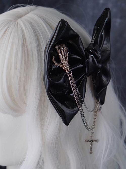Black Patent Leather Metal Chain Cross Decoration Skull Hand Bone Halloween Gothic Lolita Big Bow Hairpin