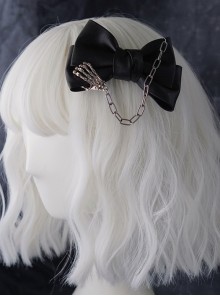 Black Leather Metal Chain Skull Hand Bone Bow Halloween Gothic Lolita Hair Clip