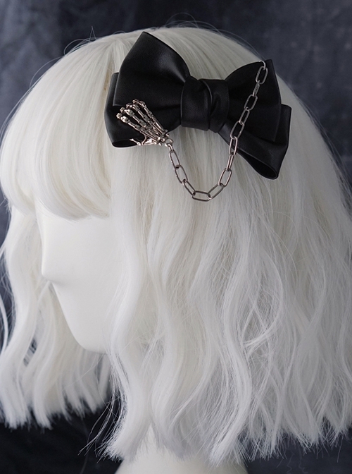 Black Leather Metal Chain Skull Hand Bone Bow Halloween Gothic Lolita Hair Clip