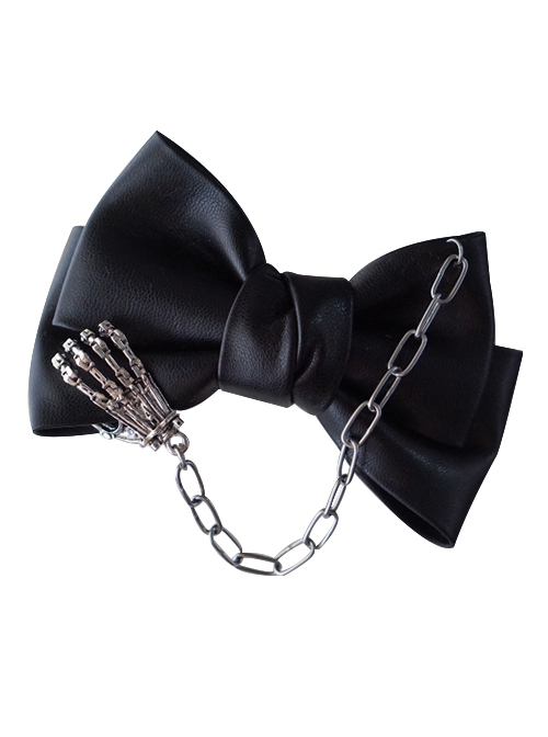 Black Leather Metal Chain Skull Hand Bone Bow Halloween Gothic Lolita Hair Clip