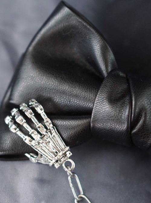 Black Leather Metal Chain Skull Hand Bone Bow Halloween Gothic Lolita Hair Clip